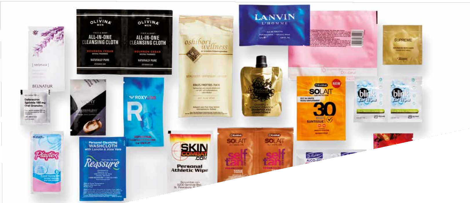 Exemples de présentations cosmétiques conditionnées en sachets