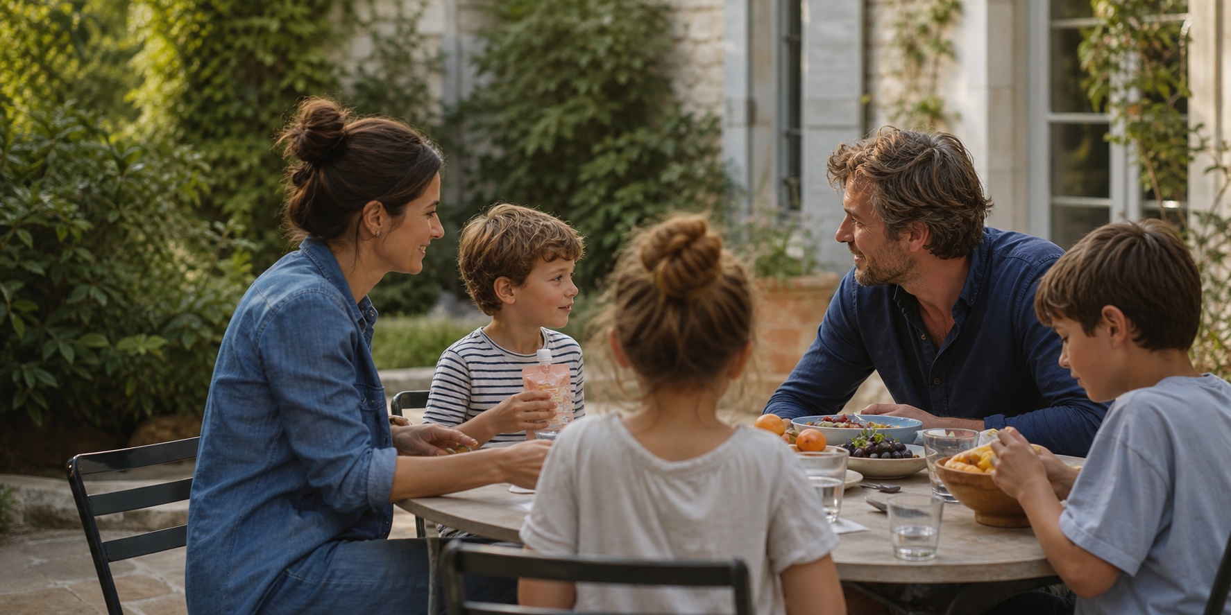 Famille réunie autour d’un déjeuner en extérieur, avec une gourde souple utilisée naturellement
