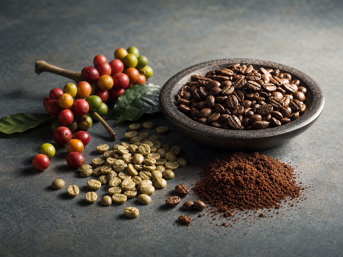 Grains de café, café moulu et cerises de café en composition still life